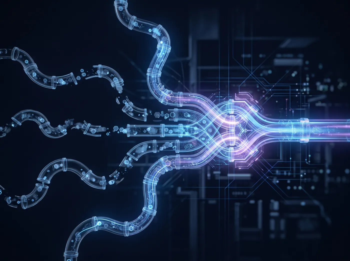 Abstract visualisation of separate data streams converging into one connected system