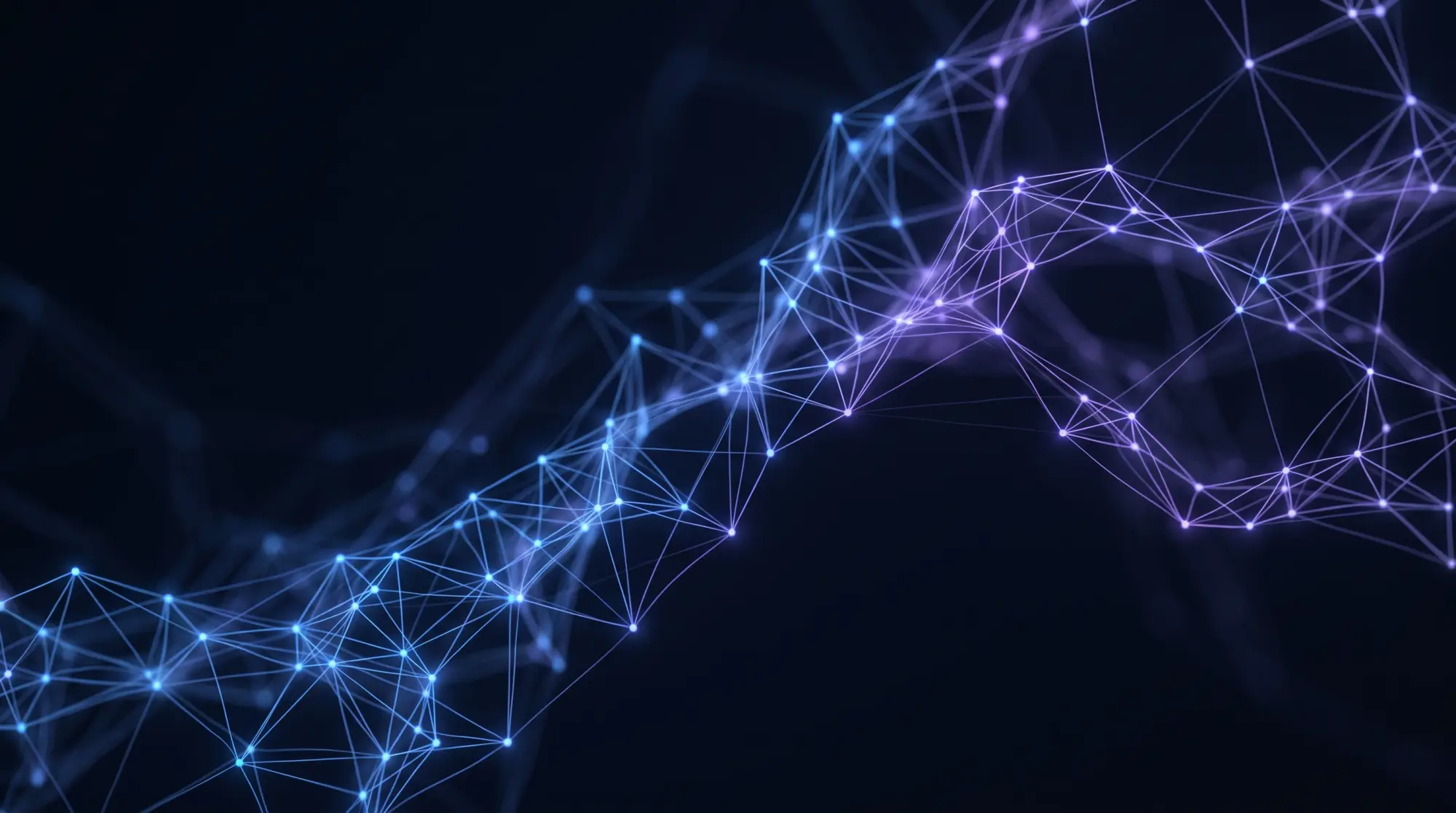 Glowing blue-to-violet network lattice on near-black — connected systems