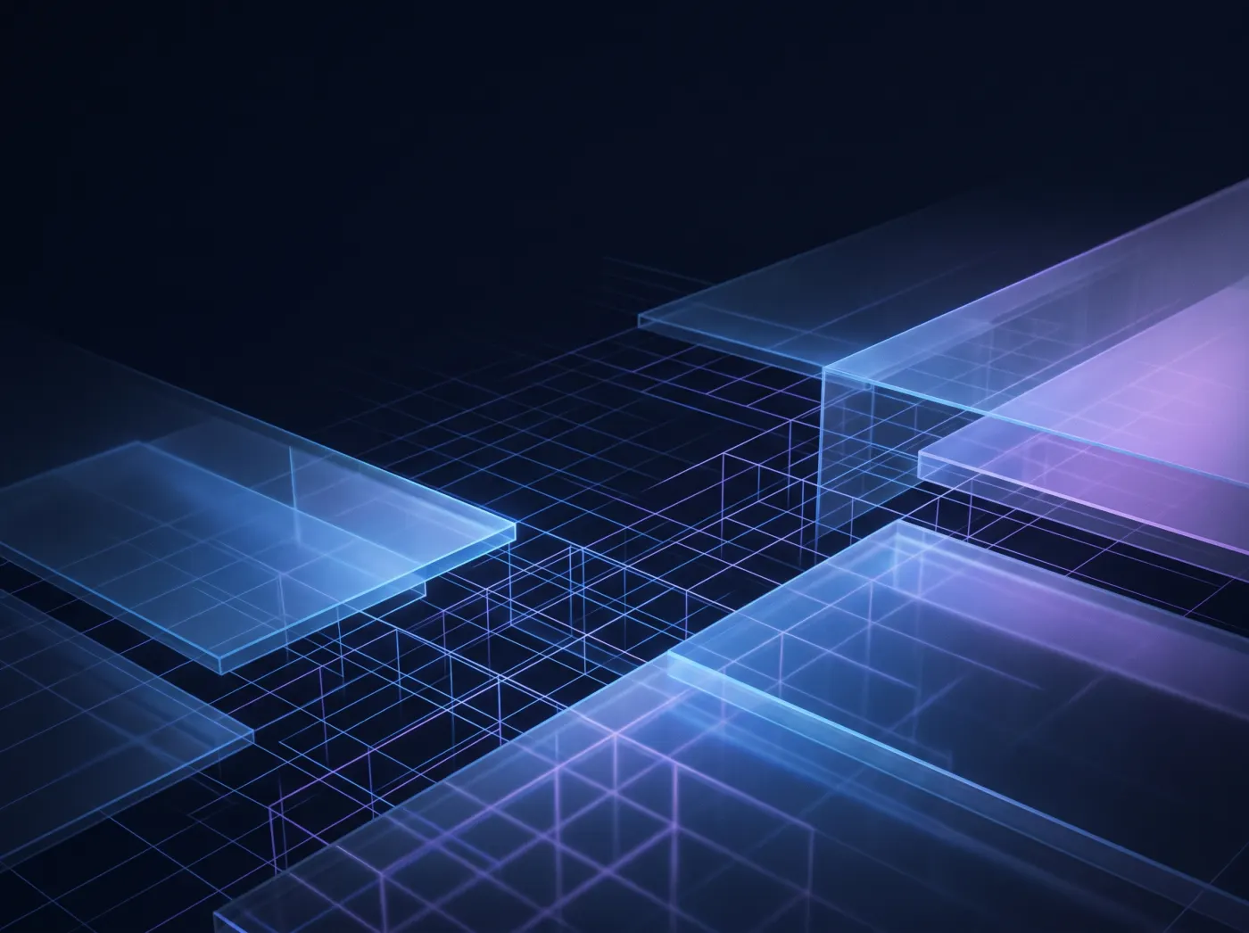 Layered translucent architectural planes over a fine glowing lattice grid